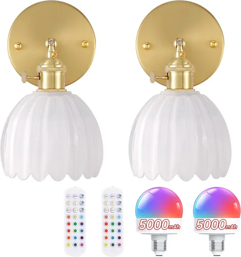 Miniatura 31 de Shenmoyl Candelabro de Pared Operado por Batería con Soporte de Cadena Ajustable, Patrón de Tulipán Verde, Vidrio con Diseño Retro en Oro, Lámpara