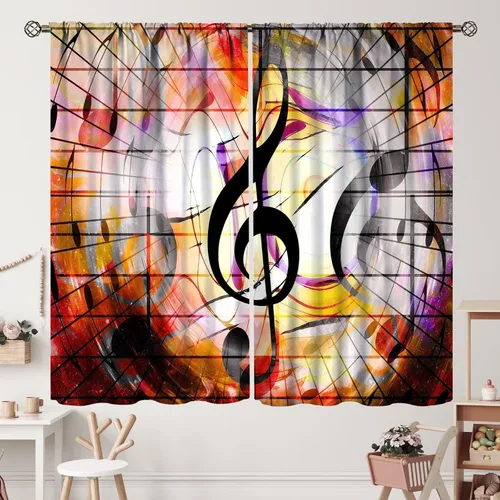 Cortinas de notas musicales, rústicas, mágicas, notas musicales, arte retro, piano y violín, cortina con bolsillo para barra para dormitorio, sala