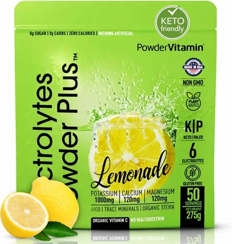 Polvo de Electrolitos Plus (50 porciones), 0 calorías Keto, 0 azúcar, sin maltodextrina, 1000 mg de potasio, 120 mg de calcio, 120 mg de magnesio,