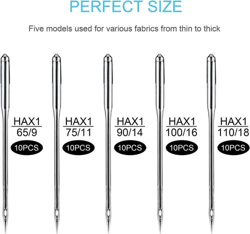Miniatura 2 de 50 agujas universales para máquina de coser, compatibles con Singer, Brother, Janome, Varmax, tamaños HAX1 65/9, 75/11, 90/14, 100/16, 110/18
