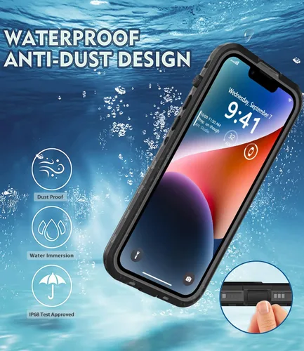 Miniatura 3 de Funda impermeable para iPhone 14, a prueba de golpes, a prueba de polvo, protector de pantalla integrado, anillo magnético negro