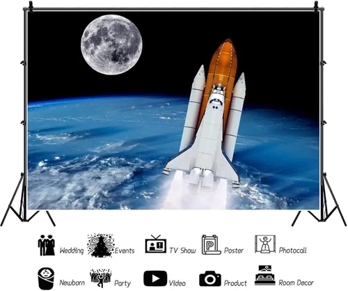 Miniatura 3 de Telón de fondo de cohete del espacio exterior de 5 x 3 pies para fotografía, galaxia planeta 3D, fondo de luna para niños, bebé, astronauta