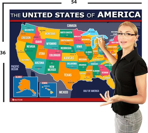 Miniatura 8 de Póster de mapa de Estados Unidos y del mundo 2 unidades para niños laminado azul (actualizado fijo V2.0) Young N Refined (18x24)