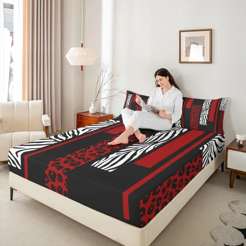 Miniatura 2 de Sábana bajera ajustable con estampado de leopardo, tamaño individual, juego de ropa de cama rústica con rayas de piel de cebra, decoración