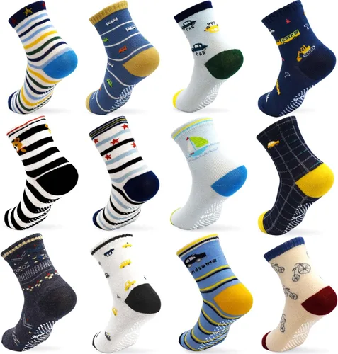 GRPSKCOS Calcetines antideslizantes para niños pequeños, 12 pares de calcetines antideslizantes para niños y niñas de 1 a 7 años