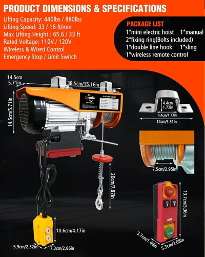 Miniatura 8 de Polipasto eléctrico de 880 libras, control remoto inalámbrico/con cable 2 en 1, cabrestante de elevación de ático de 110 V/120 V, velocidad de 16