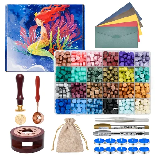 Miniatura 9 de Kit de sellos de cera – 630 cuentas de cera, caja de regalo, calentador, bolígrafos metálicos, sobres, juego de sellos para regalos y decoración