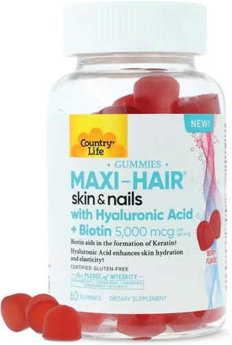 Country Life Maxi-Hair - Gomitas para piel y uñas con ácido hialurónico y biotina de 5,000 mcg - Apoya el crecimiento del cabello, la hidratación de
