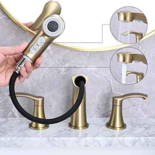 Miniatura 3 de Grifo de baño de 3 agujeros con rociador extraíble, grifo de baño de 8 pulgadas, grifo de tocador de dos manijas con líneas de suministro cUPC