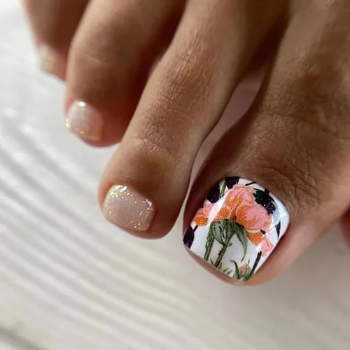 Miniatura 18 de Uñas postizas acrílicas artificiales negras para los dedos de los pies, ataúd a presión con diseños de flores blancas, uñas postizas reutilizables