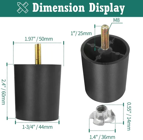 Miniatura 4 de Pernos de rosca métrica M8-1.25, patas de plástico para muebles de 2.4 pulgadas, patas de sofá redondas negras cónicas con tuercas en T, repuesto