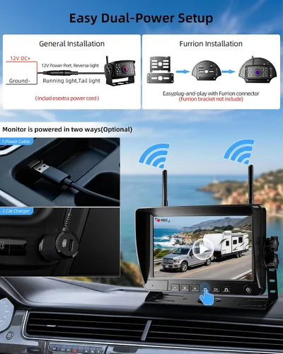 Miniatura 4 de Cámara de respaldo inalámbrica solar magnética Plug and Play 7 pulgadas 1080P HD DVR IPS, visión nocturna IR, instalación solar impermeable IP69