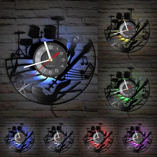 Miniatura 3 de Kit de guitarra y batería de 12 pulgadas, reloj de pared con disco de vinilo LED, 7 colores cambiantes, sin tictac, instrumento moderno Rock N Roll