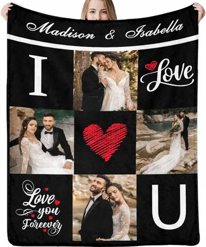Miniatura 6 de Manta de fotos personalizada, manta de pareja de boda, con texto en inglés «He Asked And She Said Yes», 4 fotos, manta de boda, regalo romántico