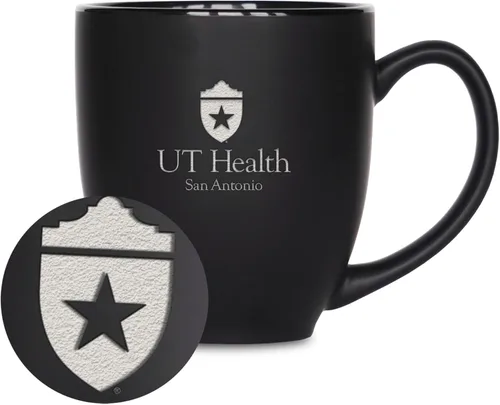 Miniatura 440 de Rico Industries - Taza de cerámica mate negra con grabado láser estándar de 15oz para NCAA (escuelas T & U) - Para bebidas calientes o frías