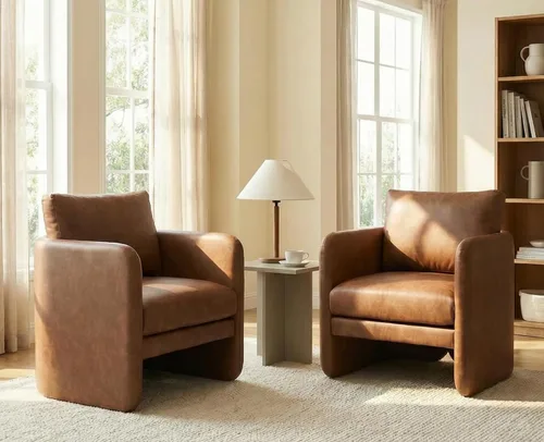 Miniatura 8 de EALSON Silla decorativa moderna tapizada de cuero, sillón de barril de mediados de siglo con cojín acolchado, cómoda silla de lectura para sala