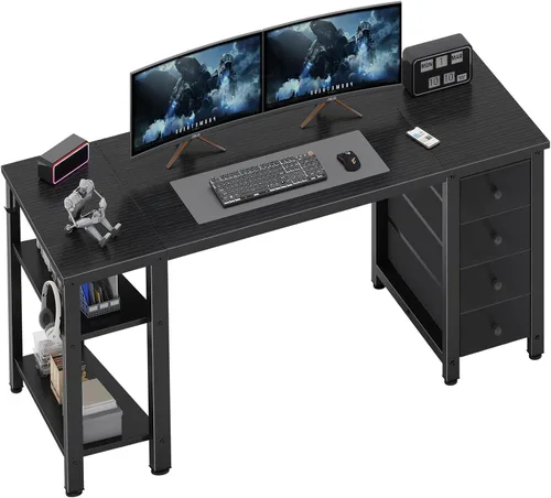Lufeiya Escritorio para juegos con 4 cajones de tela y estantes de almacenamiento, escritorio de trabajo de estudio para computadora de 55 pulgadas