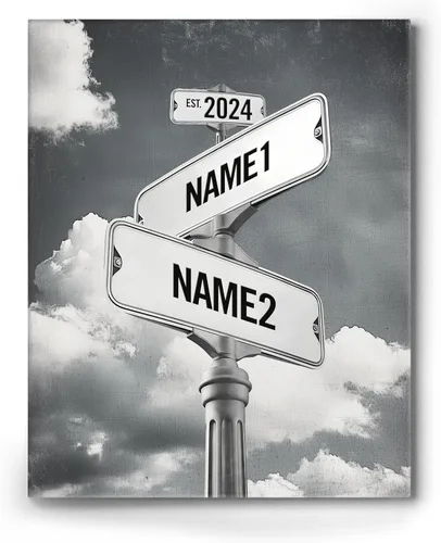 Impresiones en lienzo personalizadas: letrero de calle Crossroads para parejas, arte de pared, nombres y fechas, regalo personalizado, impresión en