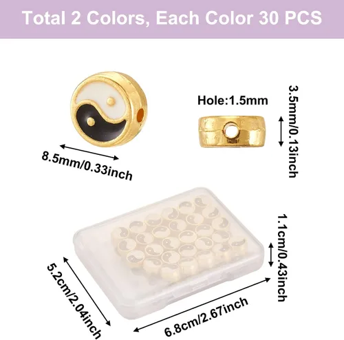 Miniatura 3 de Craftdady 60 cuentas esmaltadas de aleación de zinc Yin Yang de disco redondo plano Tai Chi Taoísmo cuentas espaciadoras sueltas 0.335x0.138 in