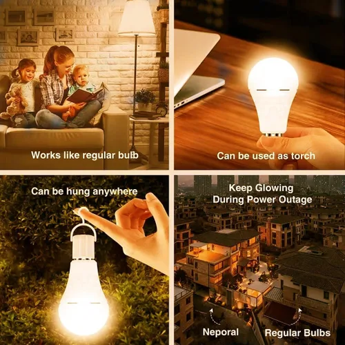 Miniatura 6 de NOTOC Bombillas recargables de 9 W, funciona con pilas, 600 lúmenes, 3000 K, blanco cálido para cortes de energía, campamento, actividades al aire