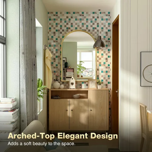 Miniatura 5 de Brightify - Espejo arqueado dorado de 24 x 32 pulgadas, espejo de pared con marco de metal de latón para baño, espejo arqueado superior para tocador