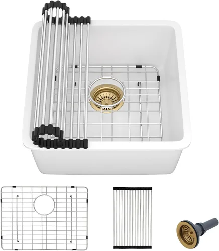 Miniatura 30 de Fregadero de preparación de barra de montaje inferior de 12 x 16 pulgadas, color negro mate, compuesto de cuarzo, clásico bajo encimera, lavabo