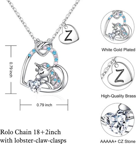 Miniatura 5 de IEFRICH Regalos de unicornios para niñas, collares de unicornio con corazón de circonita cúbica para mujeres y niñas, collares con inicial, joyería