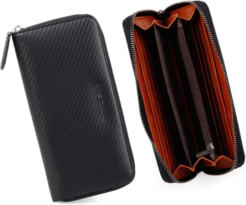 Miniatura 8 de VISOUL Cartera larga de cuero con cremallera para hombres y mujeres con bloqueo RFID, cartera larga de embrague grande con cremallera, Negro