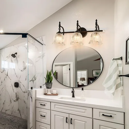 Miniatura 7 de CVKASH Accesorios de Lámpara de Tocador de Baño de 3 Luces Sobre Espejo, Lámpara de Tocador Moderna Negra con Pantalla de Vidrio, Aplique de Pared