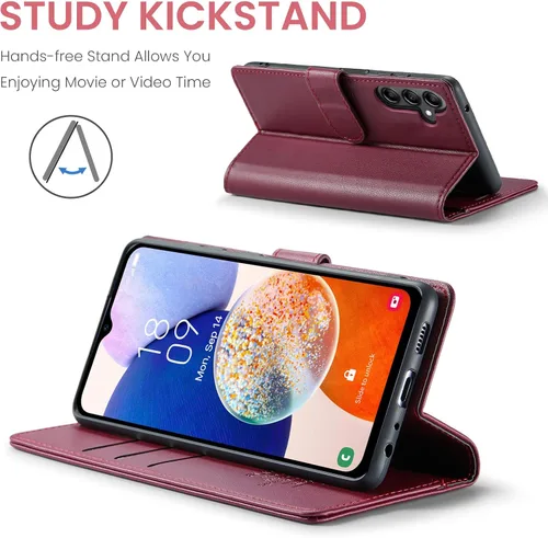Miniatura 4 de FLIPALM Funda tipo cartera para Samsung Galaxy A14 5G con bloqueo RFID, soporte para tarjeta de crédito, de piel sintética, función atril, funda Rojo