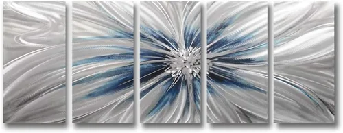 Miniatura 2 de RICHSPACE ARTS Arte moderno de pared de metal grande flor azul y plata escultura decoración con textura 3D juego de 5 piezas Azul y plateado