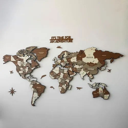 Miniatura 4 de Colorfull Worlds Mapa del mundo de madera y metal 3D montado, mapa de madera multicapa sobre base de metal, mapa artístico de pared de madera
