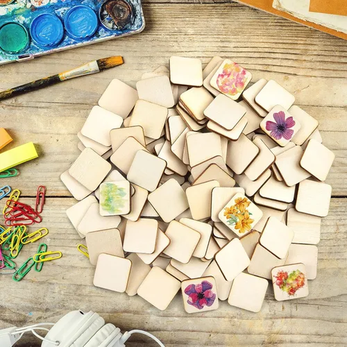 Miniatura 3 de Coopay 120 piezas de cuadrados de madera sin terminar de 2 pulgadas, rebanadas de madera natural, recortes cuadrados de madera para pintura
