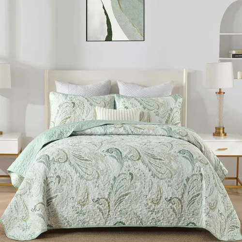 Miniatura 12 de WONGS BEDDING Juego de edredón bohemio tamaño Queen, juego de colcha y cubrecama con estampado floral paisley beige con 2 fundas de almohada, juego