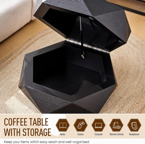 Miniatura 4 de Mesa de centro de almacenamiento de 36.61 pulgadas, moderna mesa de centro de madera rústica con chapa de madera maciza, mesa de té grande y única