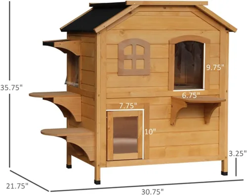 Miniatura 5 de 2-Story Cat House with Multiple Entrances - Outdoor & Indoor Wooden Cat Condo with Asphalt Roof, Waterproof Paint, Jump Ledges & Easy-Clean Opening