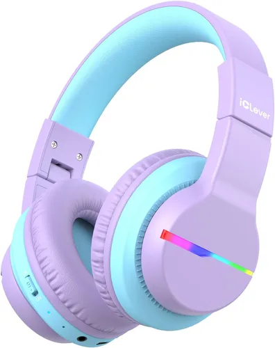 iClever BTH12 - Auriculares Bluetooth para niños, luces LED coloridas inalámbricas, volumen seguro de 74/85 dBA, tiempo de reproducción de 85 horas,