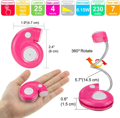 Miniatura 7 de Luz de libro, lámpara LED de lectura con clip, recargable por USB, 3 brillos regulables, magenta