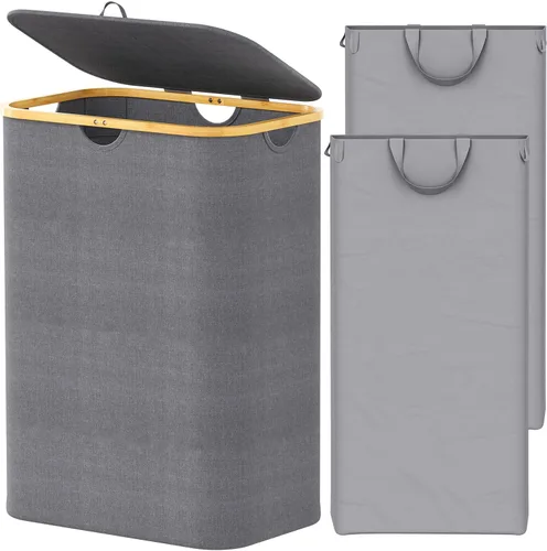 Miniatura 13 de SpaceAid Cesta de lavandería con tapa, 110L de gran capacidad, cesta alta para ropa con asas de bambú, cesta plegable para dormitorio, baño, Negro