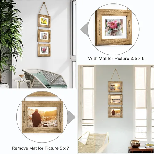 Miniatura 3 de DLQuarts Marcos de Fotos Colgantes 5x7 Collage Decoración de Pared, Marcos de Fotos de 3 Aberturas 5x7 sin Paspartú y 3.5x5 con Paspartú, Madera