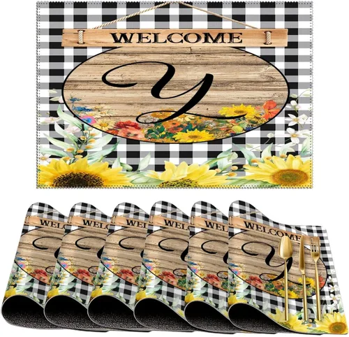 Miniatura 45 de Manteles individuales de bienvenida con diseño de girasol vintage con bandera R con inicial, 1 unidad, estilo granja, para mesa de comedor, cocina
