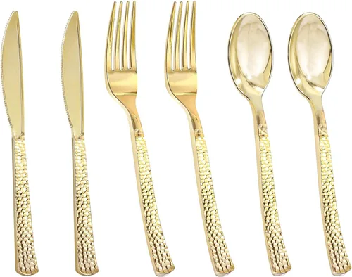 Miniatura 11 de Nervure Juego de cubiertos de plástico dorado de 90 piezas, juego de cubiertos desechables resistentes, utensilios de plástico dorado de lujo que