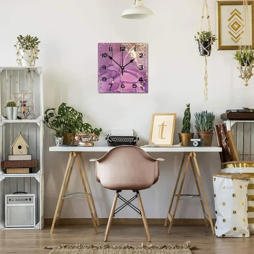 Miniatura 7 de Reloj de pared de madera púrpura y dorado con textura de purpurina de 15 pulgadas, reloj de pared de madera cuadrado clásico con números grandes