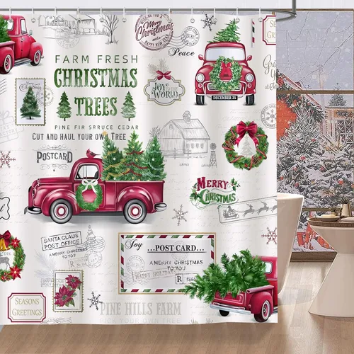 Cortina de ducha navideña vintage Bonhause, camión rojo con corona de árbol de Navidad, cortina clásica de baño festiva de 72 x 72 pulgadas, cortina