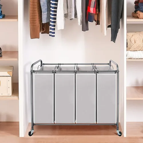 Miniatura 3 de STO STO Cesta clasificadora de ropa de 4 secciones, 4 bolsas, cesta de lavandería con ruedas resistentes con cerradura y bolsa extraíble para Gris