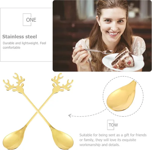 Miniatura 4 de 2 cucharas de reno de acero inoxidable, cucharaditas con forma de cabeza de ciervo de Navidad, cuchara de café de postre, cuchara de té creativa