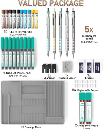 Miniatura 7 de Nicpro - Juego de 36 lápices mecánicos Blocky Gear con estuche, lápices metálicos de 0.01 pulgadas, 0.02 pulgadas, 0.03 pulgadas, 0.035 pulgadas