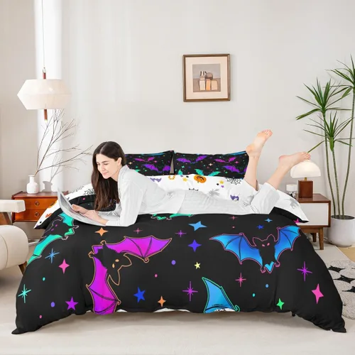 Miniatura 5 de Erosebridal Juego de ropa de cama de murciélago de Halloween, tamaño individual, con purpurina y estrellas, galaxia, funda de edredón para niños