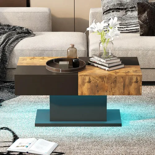 Miniatura 13 de HedoAjim - Mesa de café LED para sala de estar, mesa rectangular central de sala de estar, mesas de café modernas de madera con alto brillo y luces