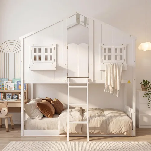 Miniatura 5 de VECELO Full Over Full House Bunk Bed with Safety Rail, Ladder, Windows & Doors, Solid Wood Playhouse Bunk Bed, No Box Spring Needed, White